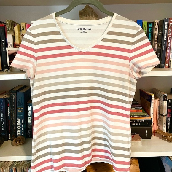 croft & barrow Tops - Croft & Barrow Striped Cotton Tee | Neutral Pink Tan White | Size M